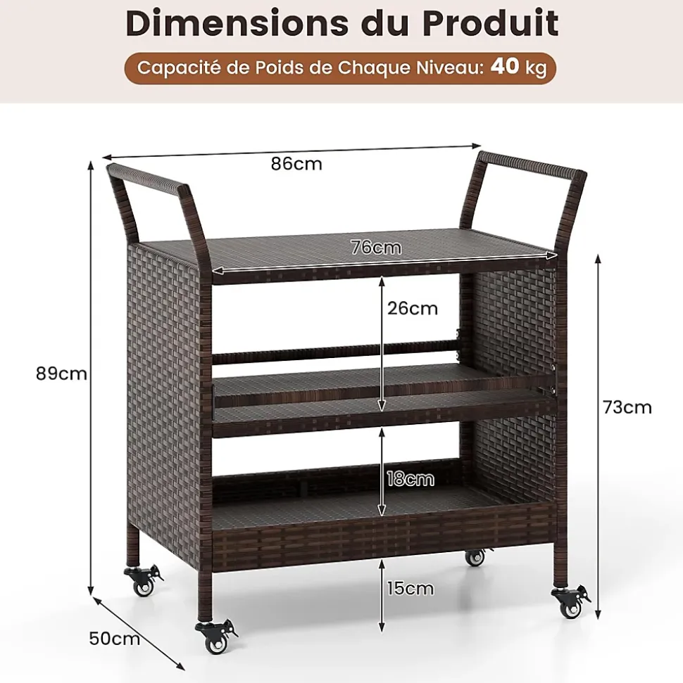 Desserte Exterieur Plancha à 3 Niveaux, en Rotin avec roulettes, Étagères , Poignées Latérales, Jardin, Porche, 86 x 50 x 89 cm