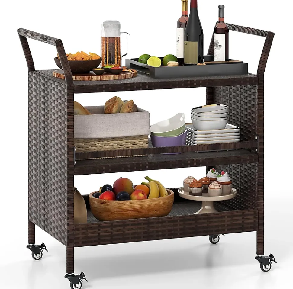 Desserte Exterieur Plancha à 3 Niveaux, en Rotin avec roulettes, Étagères , Poignées Latérales, Jardin, Porche, 86 x 50 x 89 cm
