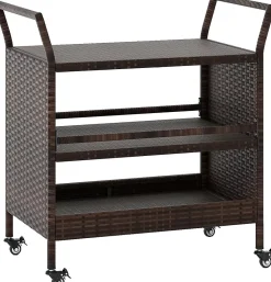 Desserte Exterieur Plancha à 3 Niveaux, en Rotin avec roulettes, Étagères , Poignées Latérales, Jardin, Porche, 86 x 50 x 89 cm