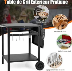 Desserte Jardin Chariot de Barbecue avec 2 Roues Desserte Extérieur pour Barbecue Noir
