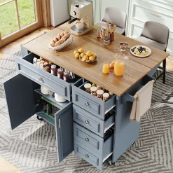 Desserte Îlot de Cuisine - Îlot de Cuisine Pliable avec Rangements et Roulettes, MDF et Métal, 110x75x92 cm, Bleu