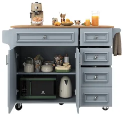 Desserte Îlot de Cuisine - Îlot de Cuisine Pliable avec Rangements et Roulettes, MDF et Métal, 110x75x92 cm, Bleu