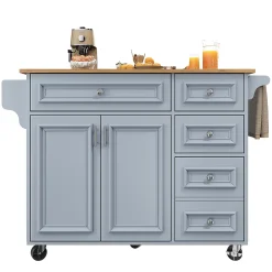 Desserte Îlot de Cuisine - Îlot de Cuisine Pliable avec Rangements et Roulettes, MDF et Métal, 110x75x92 cm, Bleu