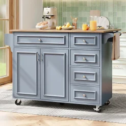 Desserte Îlot de Cuisine - Îlot de Cuisine Pliable avec Rangements et Roulettes, MDF et Métal, 110x75x92 cm, Bleu