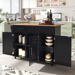 desserte Îlot de Cuisine - Plateau Pliant - Table Roulante - Rangement avec Tiroir - en MDF - 129 x 71 x 91,5 cm - Noir