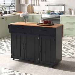 desserte Îlot de Cuisine - Plateau Pliant - Table Roulante - Rangement avec Tiroir - en MDF - 129 x 71 x 91,5 cm - Noir