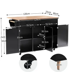 desserte Îlot de Cuisine - Plateau Pliant - Table Roulante - Rangement avec Tiroir - en MDF - 129 x 71 x 91,5 cm - Noir