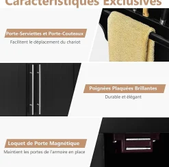 Desserte Îlot de Cuisine à roulettes en Bois avec 2 Placards étagère 2 Niveaux Réglables et 2 Tiroirs 122x46x93 CM Noir