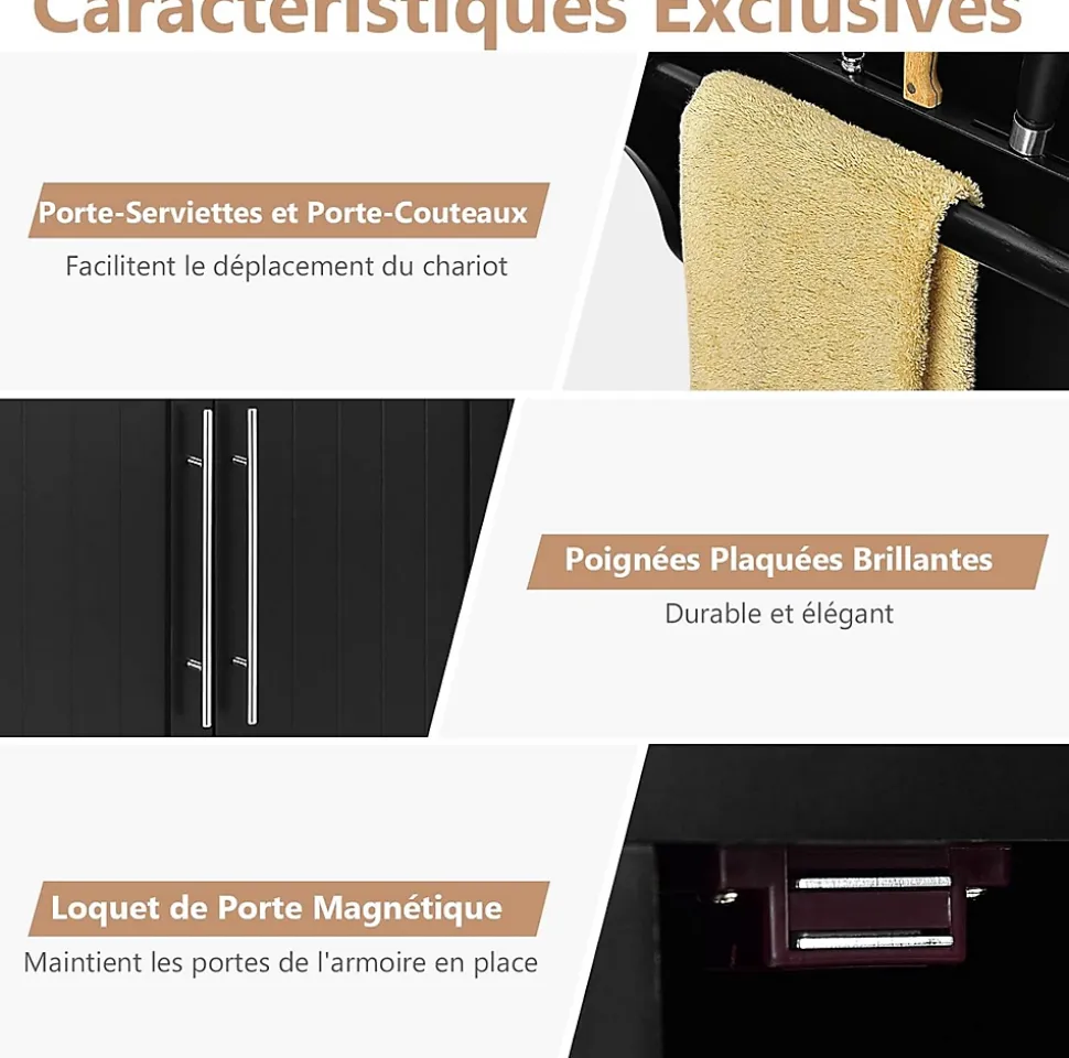 Desserte Îlot de Cuisine à roulettes en Bois avec 2 Placards étagère 2 Niveaux Réglables et 2 Tiroirs 122x46x93 CM Noir