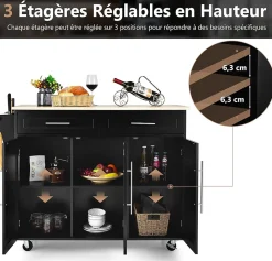 Desserte Îlot de Cuisine à roulettes en Bois avec 2 Placards étagère 2 Niveaux Réglables et 2 Tiroirs 122x46x93 CM Noir