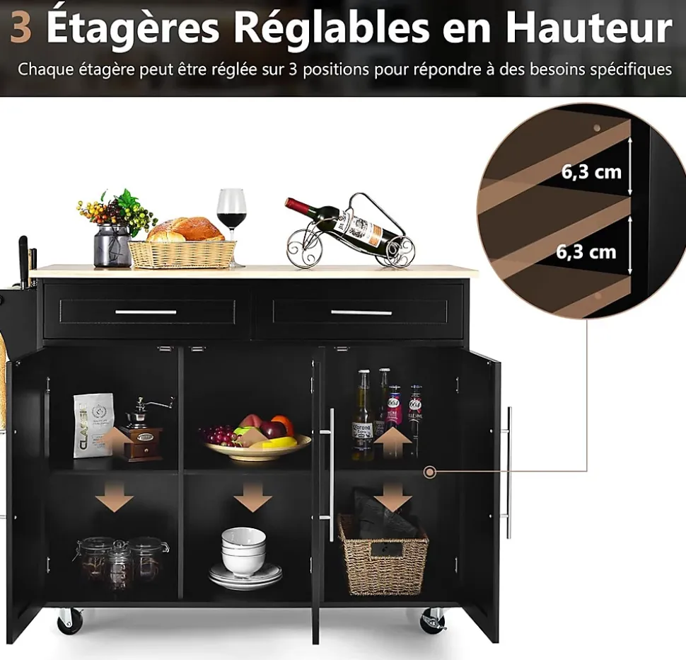 Desserte Îlot de Cuisine à roulettes en Bois avec 2 Placards étagère 2 Niveaux Réglables et 2 Tiroirs 122x46x93 CM Noir