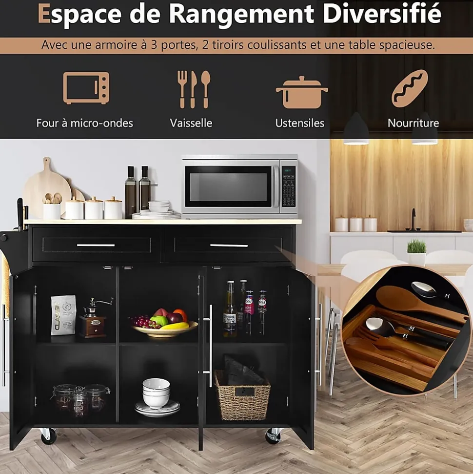 Desserte Îlot de Cuisine à roulettes en Bois avec 2 Placards étagère 2 Niveaux Réglables et 2 Tiroirs 122x46x93 CM Noir