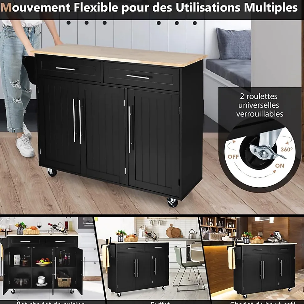 Desserte Îlot de Cuisine à roulettes en Bois avec 2 Placards étagère 2 Niveaux Réglables et 2 Tiroirs 122x46x93 CM Noir