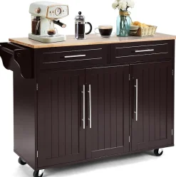 Desserte Îlot de Cuisine à Roulettes en Bois avec 2 Placards étagère 2 Niveaux Réglables et 2 Tiroirs 122x46x93CM Marron