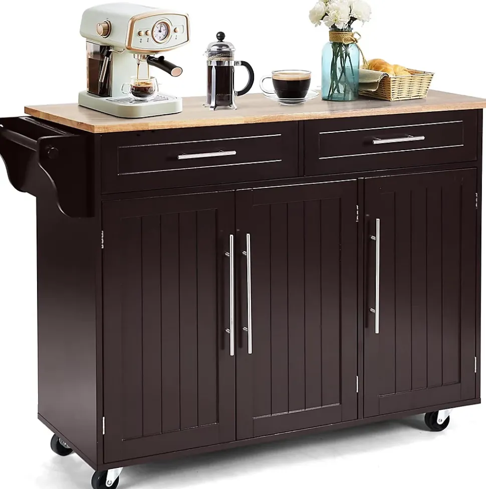 Desserte Îlot de Cuisine à Roulettes en Bois avec 2 Placards étagère 2 Niveaux Réglables et 2 Tiroirs 122x46x93CM Marron