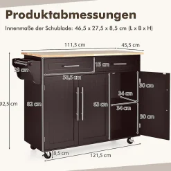 Desserte Îlot de Cuisine à Roulettes en Bois avec 2 Placards étagère 2 Niveaux Réglables et 2 Tiroirs 122x46x93CM Marron