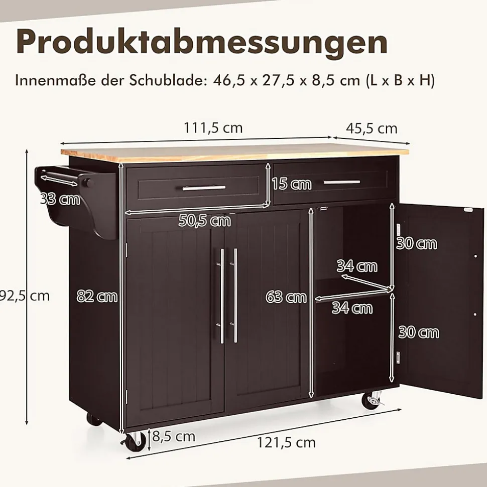 Desserte Îlot de Cuisine à Roulettes en Bois avec 2 Placards étagère 2 Niveaux Réglables et 2 Tiroirs 122x46x93CM Marron