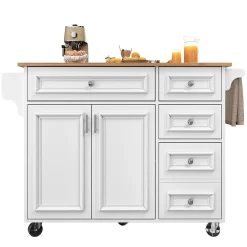 desserte Îlot de Cuisine - Îlot de Cuisine Pliable avec Rangements et Roulettes, MDF et Métal, 110x75x92 cm, Blanc