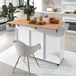 desserte Îlot de Cuisine avec Plateau Pliant et Tiroir, Table Roulante en MDF, 129 x 71 x 91,5 cm, Blanc