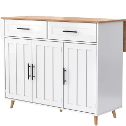 desserte Îlot de Cuisine avec Plateau Pliant et Tiroir, Table Roulante en MDF, 129 x 71 x 91,5 cm, Blanc