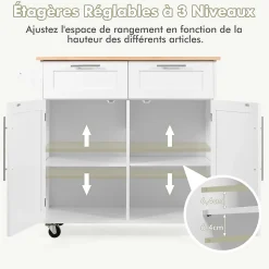 Desserte Îlot de Cuisine Desserte à roulettes Chariot de Cuisine en Bois avec Placard Étagère 3 Niveaux Réglables Blanc