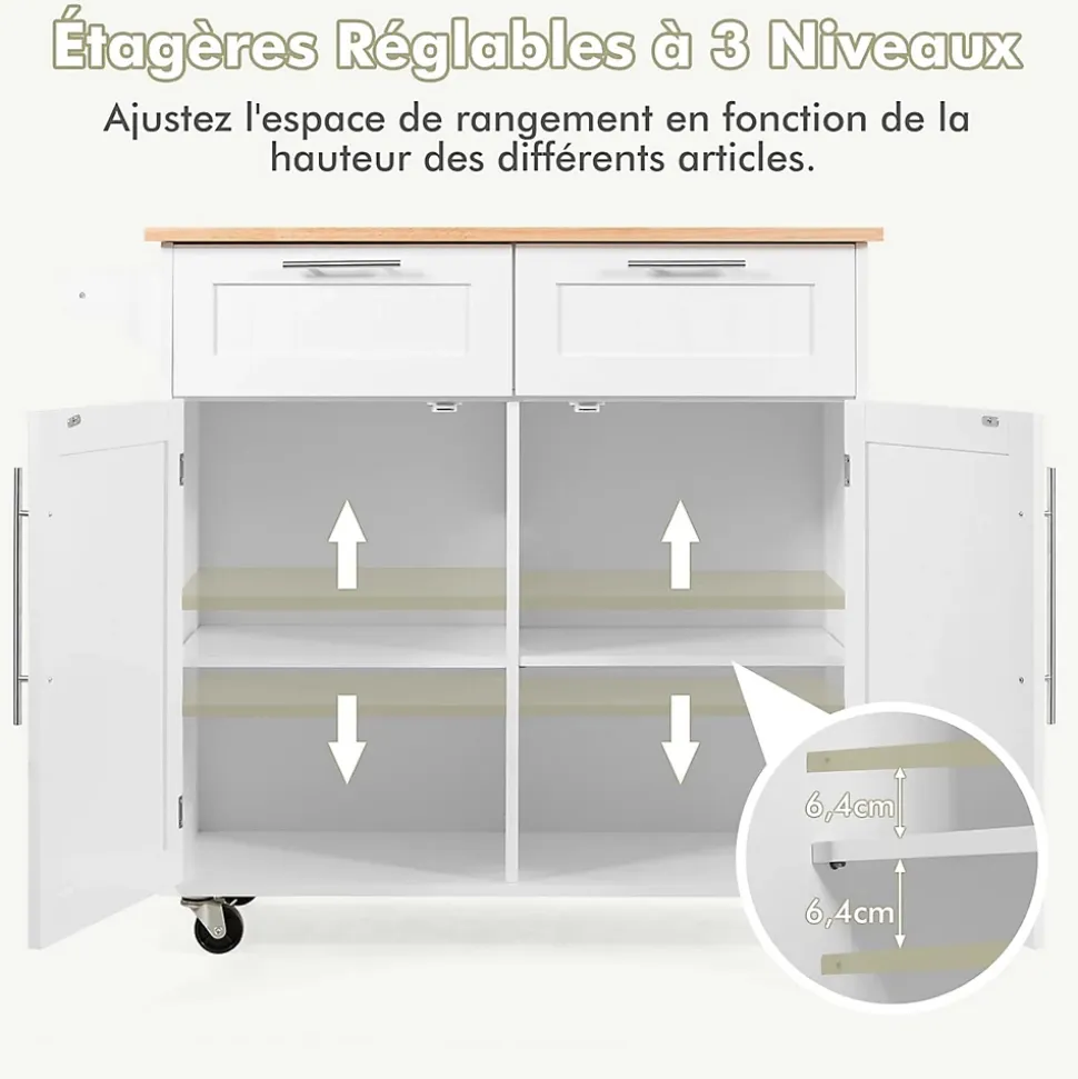 Desserte Îlot de Cuisine Desserte à roulettes Chariot de Cuisine en Bois avec Placard Étagère 3 Niveaux Réglables Blanc