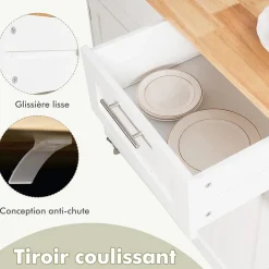 Desserte Îlot de Cuisine Desserte à roulettes Chariot de Cuisine en Bois avec Placard Étagère 3 Niveaux Réglables Blanc