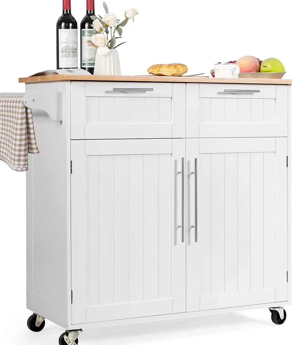 Desserte Îlot de Cuisine Desserte à roulettes Chariot de Cuisine en Bois avec Placard Étagère 3 Niveaux Réglables Blanc