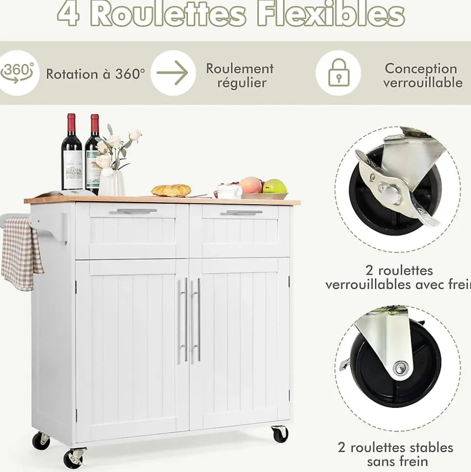 Desserte Îlot de Cuisine Desserte à roulettes Chariot de Cuisine en Bois avec Placard Étagère 3 Niveaux Réglables Blanc