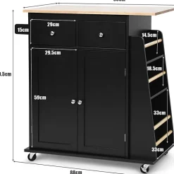 Desserte Îlot de Cuisine Desserte à roulettes Chariot en Bois avec Placard 2 étagères et 2 Tiroirs Support à 3 Niveaux