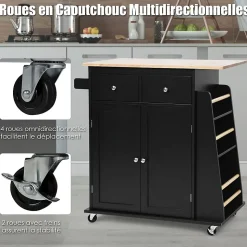 Desserte Îlot de Cuisine Desserte à roulettes Chariot en Bois avec Placard 2 étagères et 2 Tiroirs Support à 3 Niveaux