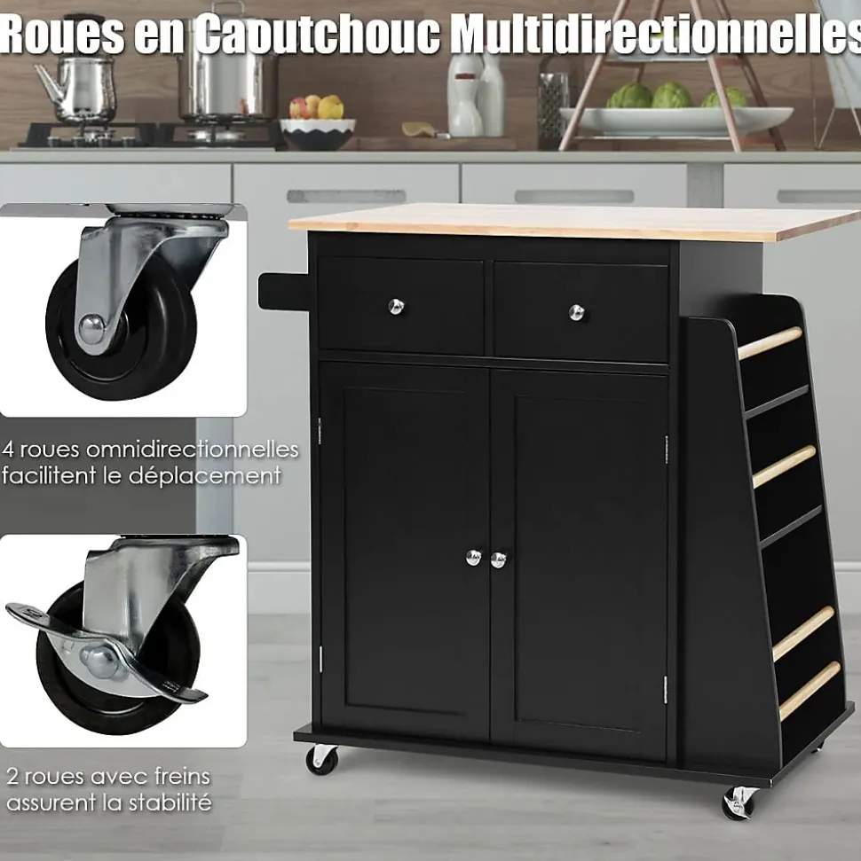 Desserte Îlot de Cuisine Desserte à roulettes Chariot en Bois avec Placard 2 étagères et 2 Tiroirs Support à 3 Niveaux