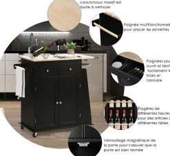 Desserte Îlot de Cuisine Desserte à roulettes Chariot en Bois avec Placard 2 étagères et 2 Tiroirs Support à 3 Niveaux