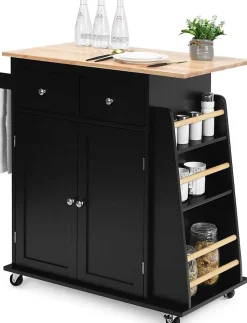 Desserte Îlot de Cuisine Desserte à roulettes Chariot en Bois avec Placard 2 étagères et 2 Tiroirs Support à 3 Niveaux