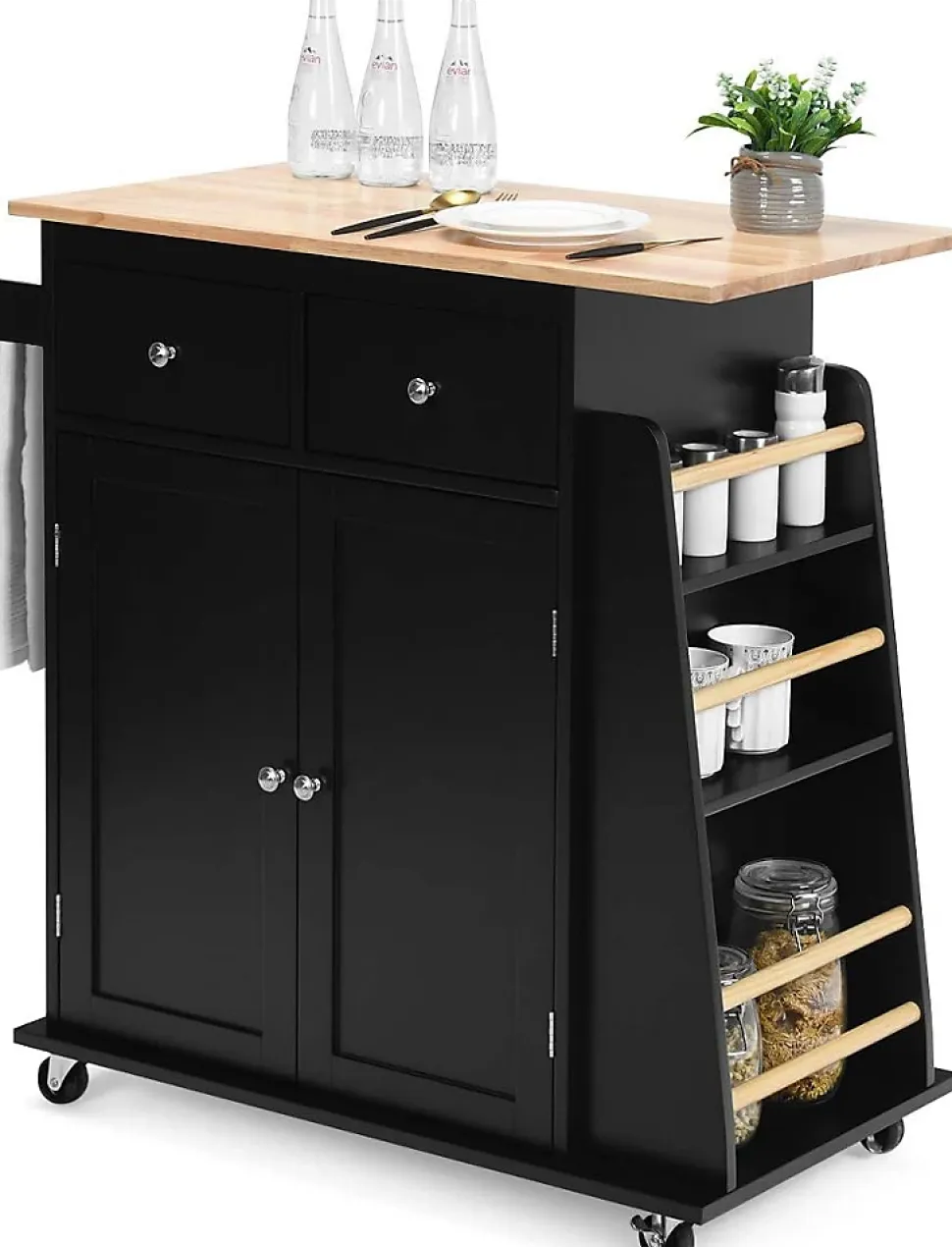 Desserte Îlot de Cuisine Desserte à roulettes Chariot en Bois avec Placard 2 étagères et 2 Tiroirs Support à 3 Niveaux