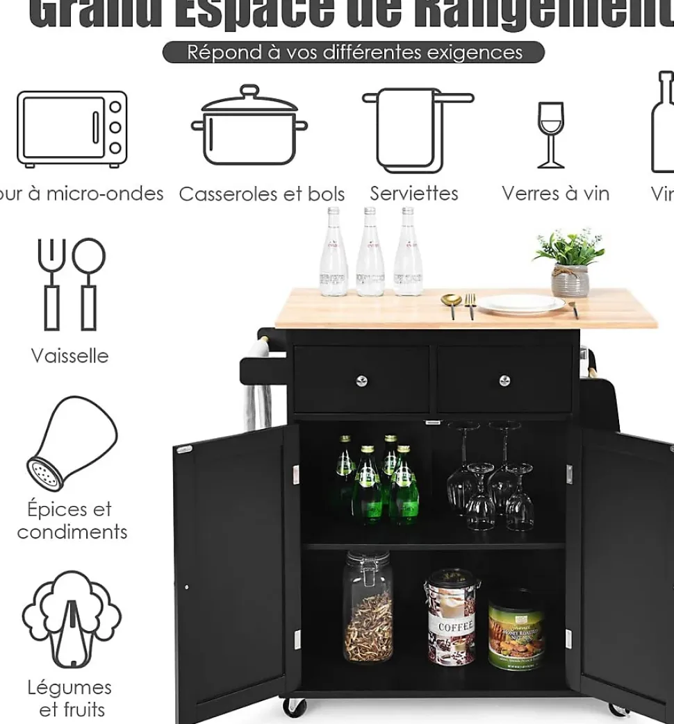 Desserte Îlot de Cuisine Desserte à roulettes Chariot en Bois avec Placard 2 étagères et 2 Tiroirs Support à 3 Niveaux