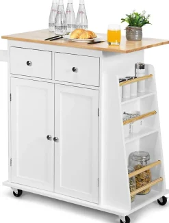 Desserte Îlot de Cuisine Desserte à roulettes Chariot de Cuisine en Bois avec Placard 2 étagères et 2 Tiroirs Blanc