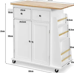 Desserte Îlot de Cuisine Desserte à roulettes Chariot de Cuisine en Bois avec Placard 2 étagères et 2 Tiroirs Blanc