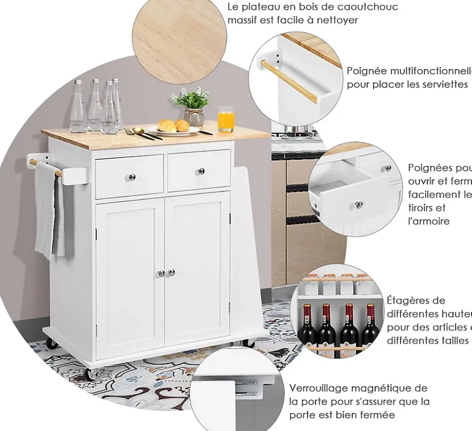 Desserte Îlot de Cuisine Desserte à roulettes Chariot de Cuisine en Bois avec Placard 2 étagères et 2 Tiroirs Blanc