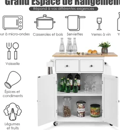 Desserte Îlot de Cuisine Desserte à roulettes Chariot de Cuisine en Bois avec Placard 2 étagères et 2 Tiroirs Blanc