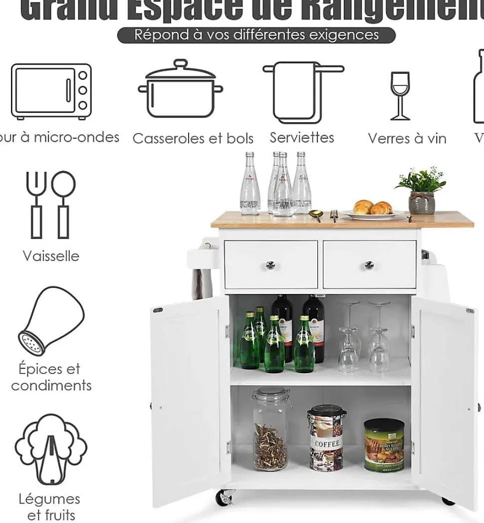 Desserte Îlot de Cuisine Desserte à roulettes Chariot de Cuisine en Bois avec Placard 2 étagères et 2 Tiroirs Blanc