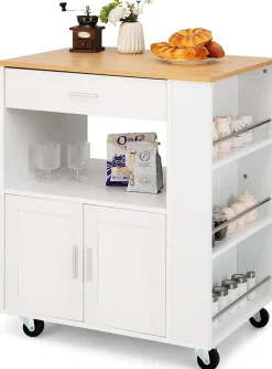 Desserte Îlot de Cuisine Desserte à roulettes Chariot de Cuisine en Bois avec Placard Blanc