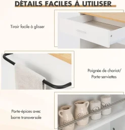 Desserte Îlot de Cuisine Desserte à roulettes Chariot de Cuisine en Bois avec Placard Blanc