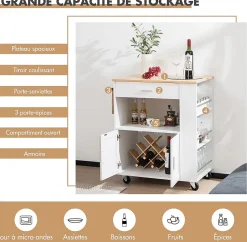 Desserte Îlot de Cuisine Desserte à roulettes Chariot de Cuisine en Bois avec Placard Blanc