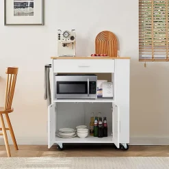 Desserte Îlot de Cuisine Desserte à roulettes Chariot de Cuisine en Bois avec Placard Blanc