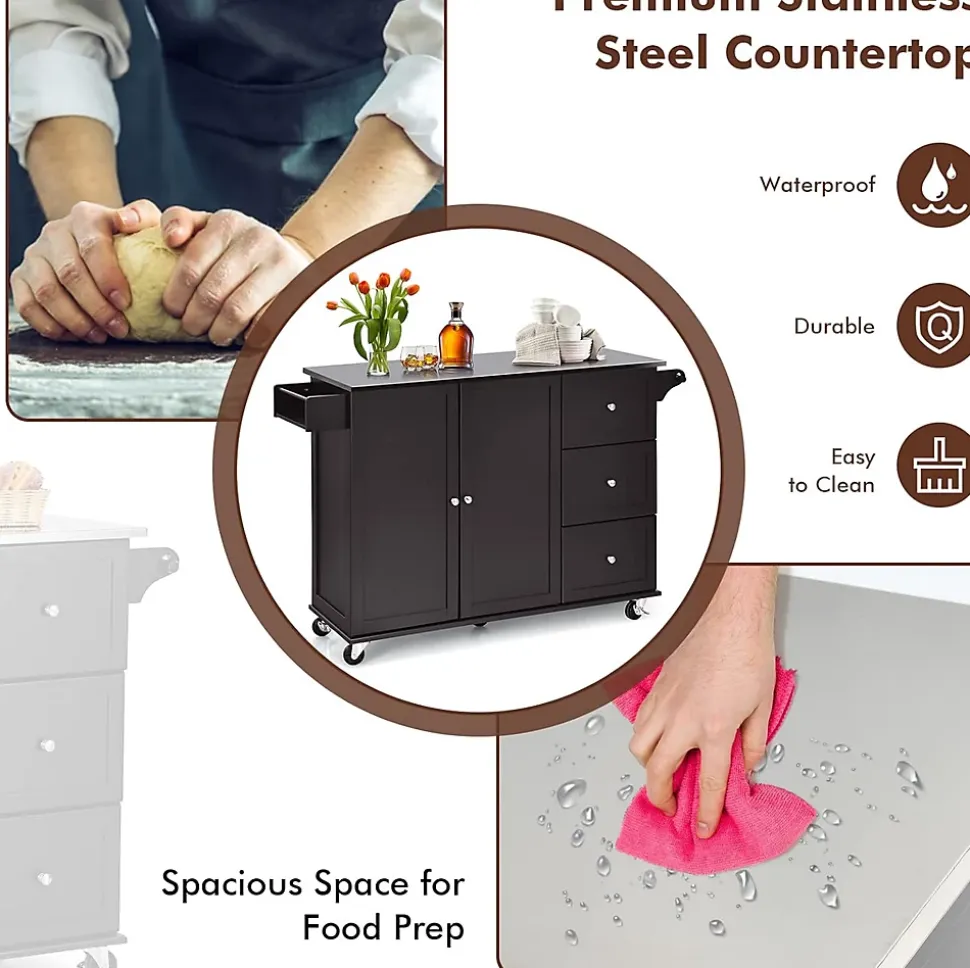 Desserte Îlot de Cuisine Desserte à roulettes avec 3 Tiroirs Support à Épices Porte Serviettes Brun