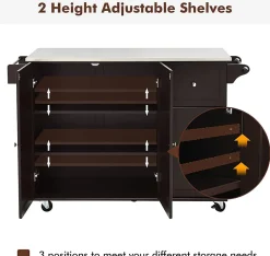 Desserte Îlot de Cuisine Desserte à roulettes avec 3 Tiroirs Support à Épices Porte Serviettes Brun