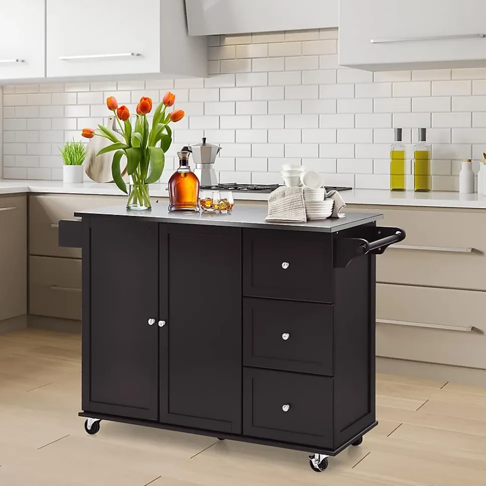 Desserte Îlot de Cuisine Desserte à roulettes avec 3 Tiroirs Support à Épices Porte Serviettes Brun