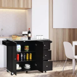 Desserte Îlot de Cuisine Desserte à roulettes avec 3 Tiroirs Support à Épices Porte Serviettes Brun