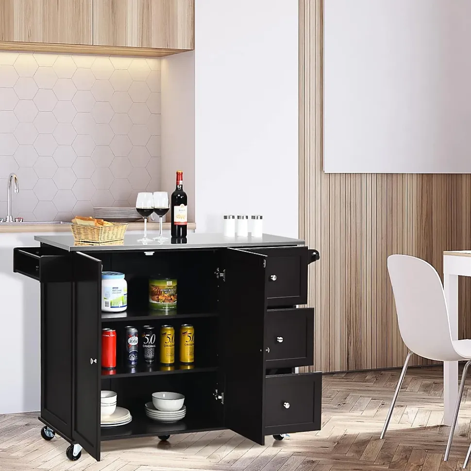 Desserte Îlot de Cuisine Desserte à roulettes avec 3 Tiroirs Support à Épices Porte Serviettes Brun